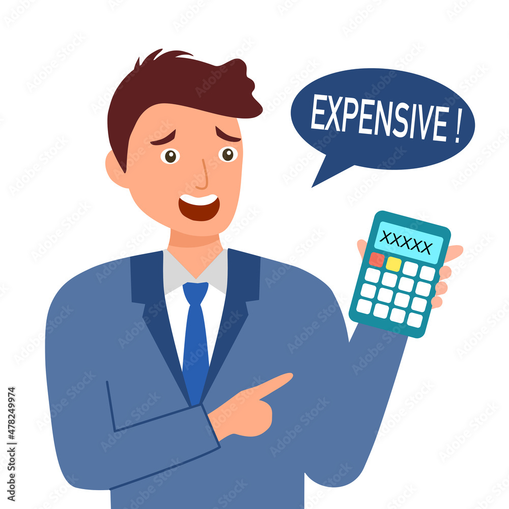 Businessman calculating the price of product using calculator in flat design. Expensive price or over budget. Businessman calculating the price of product using calculator in flat design. Expensive price or over budget.