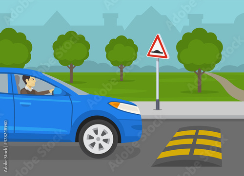 Safety car driving rules. Blue suv car is reaching the speed bump on the road. Speed hump ahead warning sign. Flat vector illustration template.