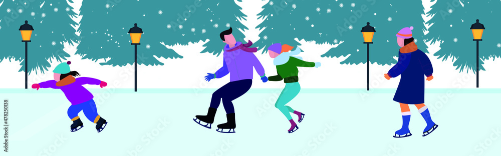 Crowd of active cartoon people ice skating on rink vector flat illustration. Man, woman, children, family and couple outdoors activity isolated on white. Colorful person in seasonal outerwear
Crowd of active cartoon people ice skating on rink vector flat illustration. Man, woman, children, family and couple outdoors activity isolated on white. Colorful person in seasonal outerwear
