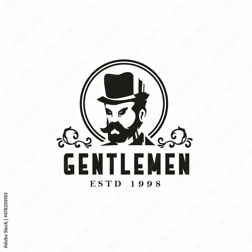 Short hat with gentlemen Medieval Fashion, Vintage Clothing Classic Logo Design with mustache and beard