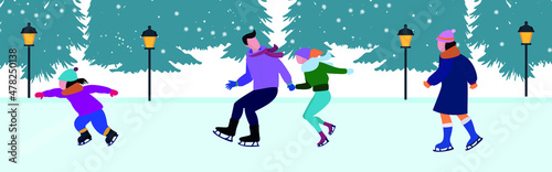 Crowd of active cartoon people ice skating on rink vector flat illustration. Man, woman, children, family and couple outdoors activity isolated on white. Colorful person in seasonal outerwear 