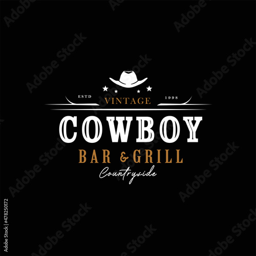 Cowboy hat silhouette with star for western rustic retro bar and grill logo design