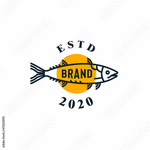 salmon with yellow circle, minimalist marine fish logo, instant food label or fishing company