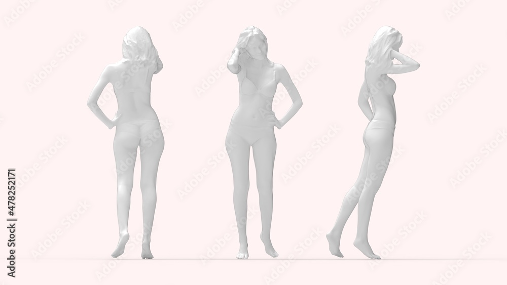 3D rendering of a young slim sexy woman posing in a bikini isolated on empty space background. Multiple views, front side, back. 3D rendering of a young slim sexy woman posing in a bikini isolated on empty space background. Multiple views, front side, back.