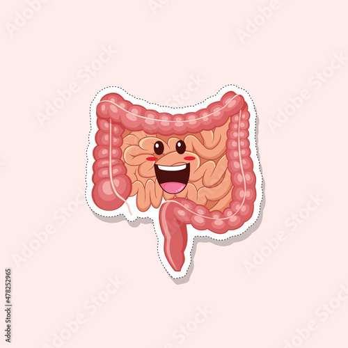 Cute intestines funny human internal organs sticker vector illustration