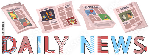 Collection of newspapers isolated on white background. Bundle of periodical publications of various articles, news, food, technology. Paper publications with daily news inscription vector illustration