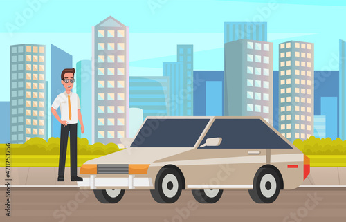 Man in glasses standing near old car. Male character in suit with tie driving automobile. Business man next to his personal transport. Old car, vehicle and person isolated on white background © robu_s