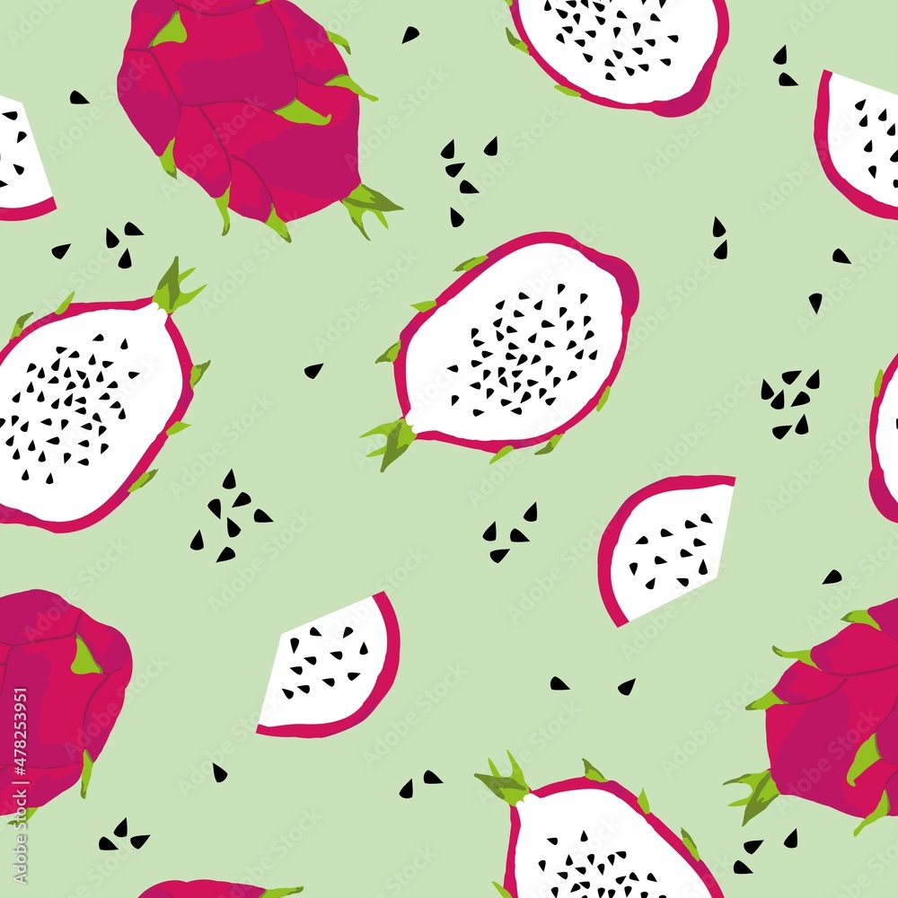 Simple seamless dragon fruit pattern on light green background. An illustration of an exotic tropical pitai. Fashionable print for textiles, wallpaper and packaging. Simple seamless dragon fruit pattern on light green background. An illustration of an exotic tropical pitai. Fashionable print for textiles, wallpaper and packaging.