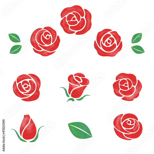 水彩タッチの赤い薔薇　手描きバラのイラストセット