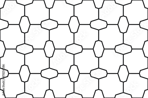 Simple repeating elongated hexagons alternating in a regular square shapes grid pattern in black outline on a white background, geometric vector illustration