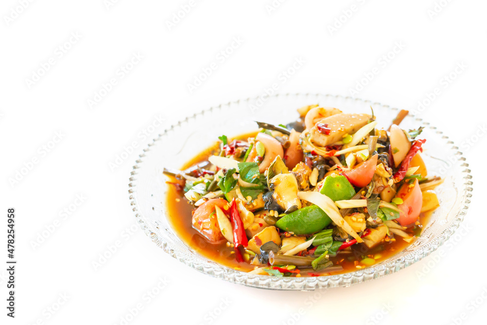 Papaya salad in a plate on a white table background, Somtam Thai Food Papaya salad in a plate on a white table background, Somtam Thai Food