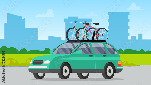 Offroad car with bicycle on roof vector isolated automobile transport. Car tourism concept. Time to travel illustration. Crossover with two bicycles mounted on roof rack. Modern station wagon car