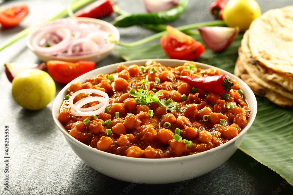 Indian street foods background chickpeas curry, chana, channa, masala