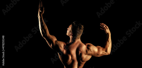 Bodybuilder man with muscular torso back and hands. Banner templates with muscular man, muscular torso, back muscle.