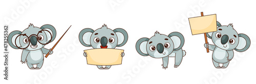 Set of cute koalas with posters, banners, templates, pointers. Set for design in cartoon style. Vector illustrations for designs, prints and patterns.