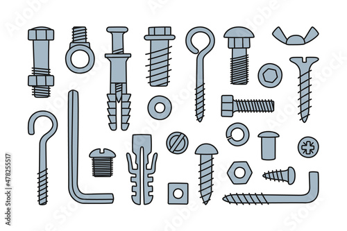 Hand drawn screw, bolts, fasteners. Bolts, screws, nuts, dowels and rivets in doodle style. Hand drawn building material. Vector illustration isolated on white background.