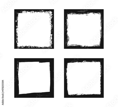 Grunge dirty square frames. Template with brush stroke. Rectangular and square border with grunge overlay. Set of vector illustrations isolated on white background.