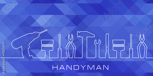 Professional handyman services. Vector banner template with tools collection and text space.  Set of repair tools on blue polygonal  background for your design. EPS10.