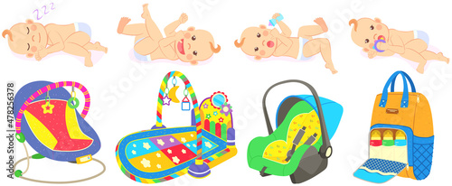 Multinational children, kids playing, baby care objects, newborn items supplies, set of icons. Toys, clothes, devices for transporting, bathing of babies. Babies in diapers crawling, smiling