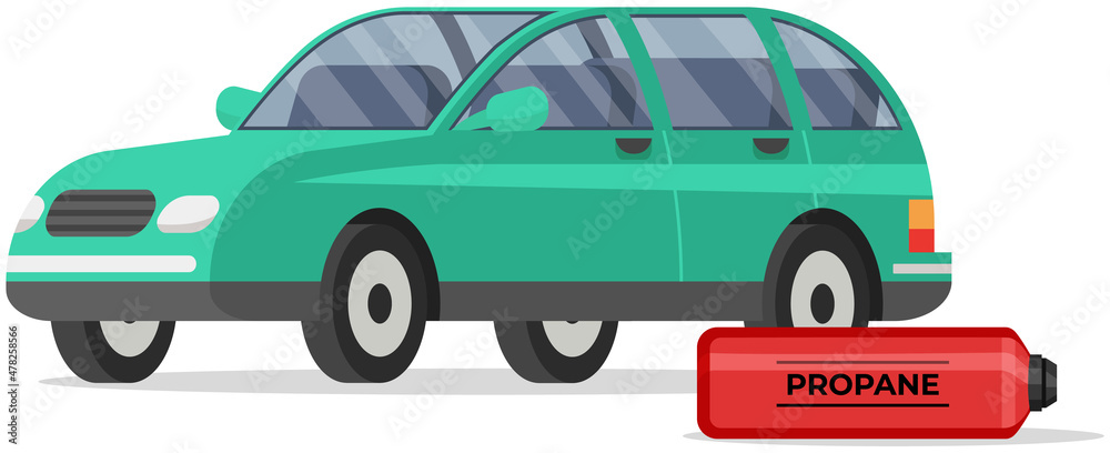 Naklejka premium Cylinder, canister with fuel, gas storage. Container with flammable substance near car. Metal tank with liquefied compressed petroleum, propane. Pressurized gas cylinder next to passenger automobile