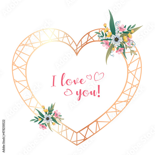 Golden heart frame for valentines day card and wedding invitation. Simple metal heart frame with floral elements