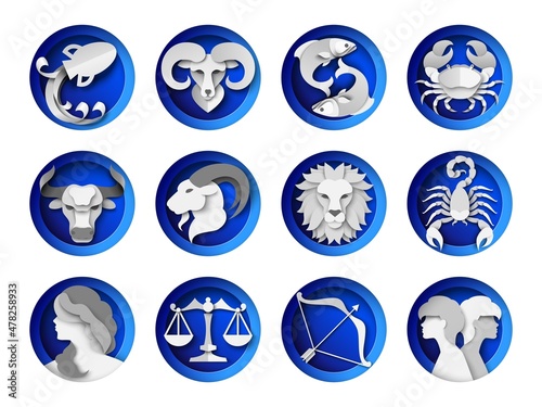 Zodiac signs, horoscope symbols, vector paper cut illustration. Twelve astrology signs. Astrological predictions.
