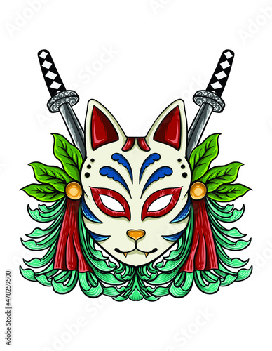 hand drawn kitsune maskwith samurai ornament engraing style