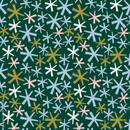 Seamless vector pattern with colorful snowflakes. Festive winter background for wrapping, textile, print, fabric, decoration, etc.