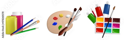 Art paints set, artist tools and accessories. Acrylic, oil, watercolour, gouache paints and art supplies, vector.