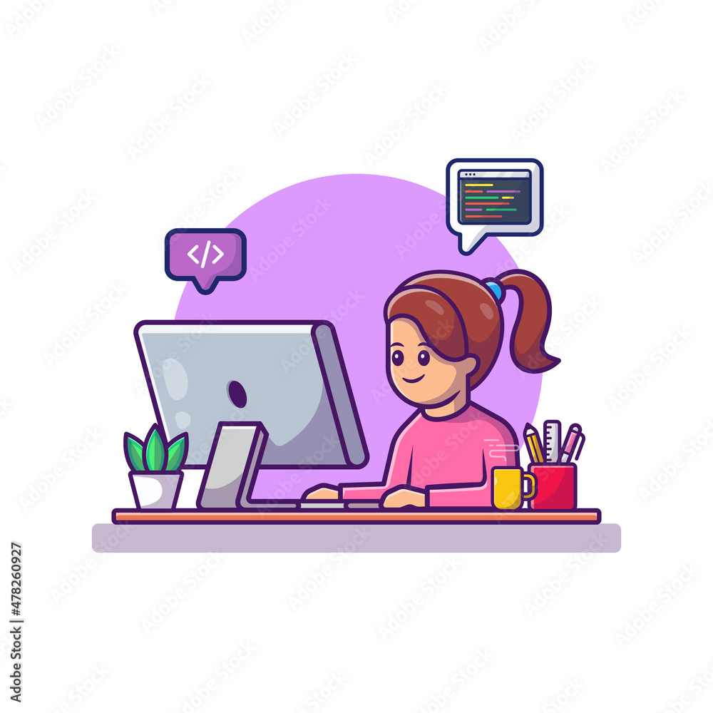 Cute Girl Working On Computer Cartoon Vector Icon Illustration. People And  Technology Icon Concept Isolated Premium Vector. Flat Cartoon Style Stock  Vector | Adobe Stock
