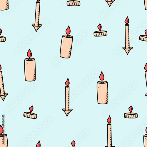 Seamless pattern icons concept of Valentine s day. Vector doodle romantic accessories a set of burning candles in candlesticks.