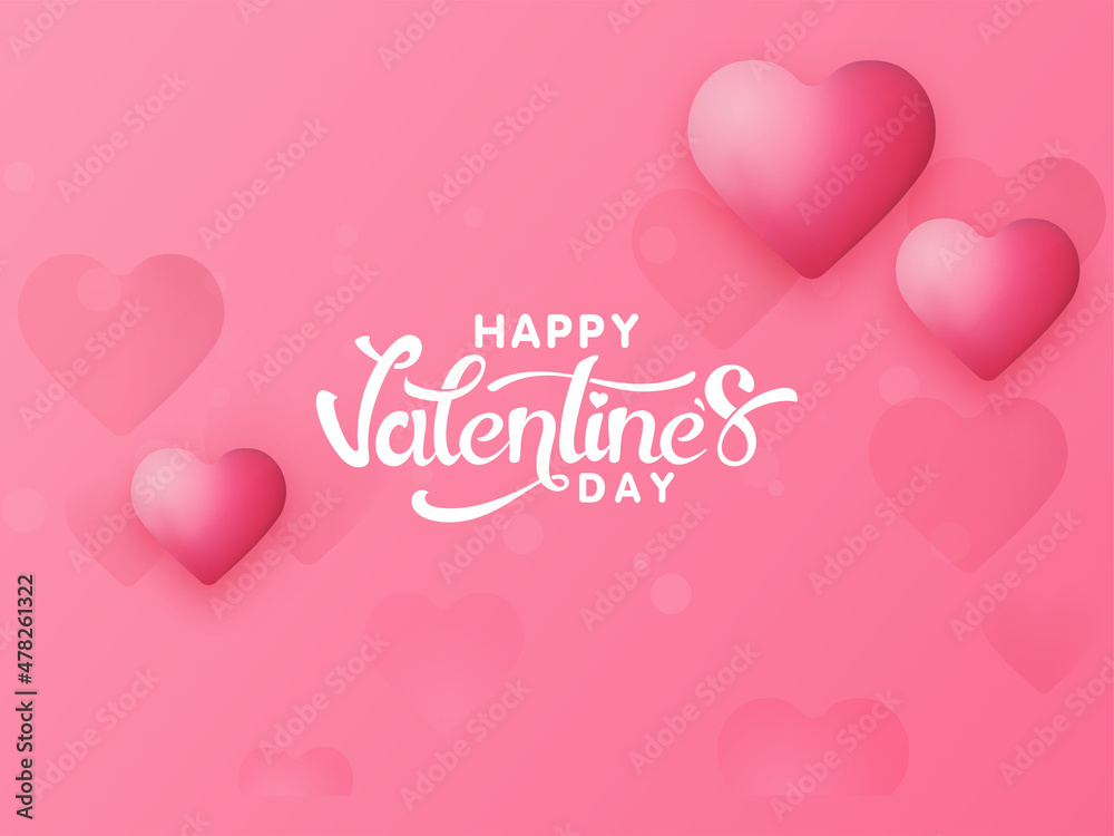 Happy Valentine's Day Font With Glossy Hearts Decorated On Pink Background.