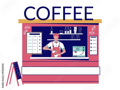 Street coffee shop with barista making coffee, vector illustration. Street cafe small business.