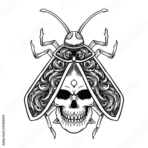 tattoo design skull red beetle line art engraving style