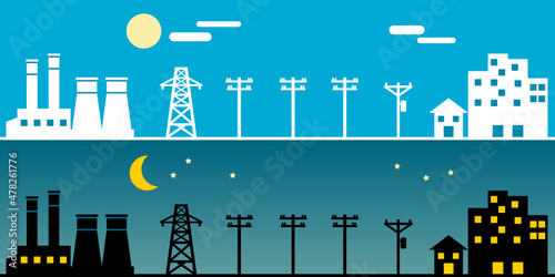 Power plant generates electricity to transmit electricity to power electric poles and house city day and night time icon flat vector design.