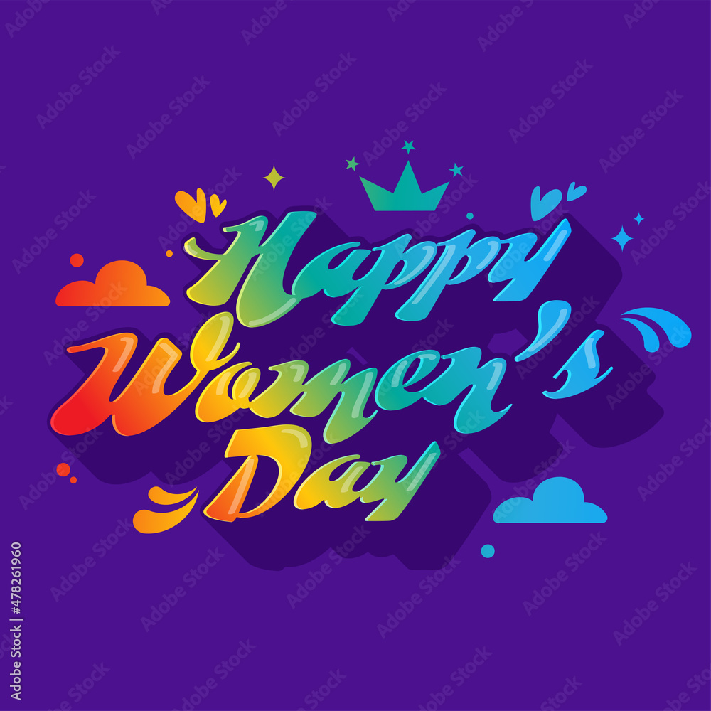 Gradient Happy Women's Day Font With Crown, Hearts And Arc Drops On Purple Background.