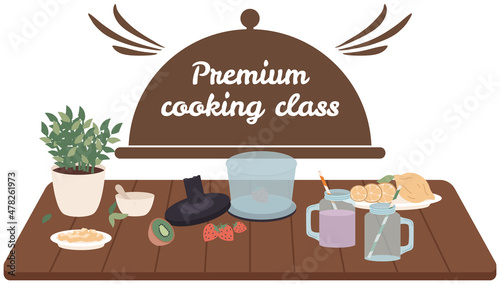 Premium cooking class design elements. Kitchen emblem, food studio label. Culinary school badge. Hand drawn lettering for cooking masterclass. Process of food preparation, ingredients for dish concept