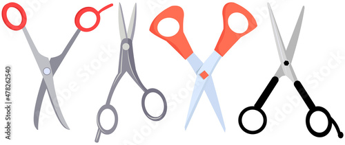 Various shapes scissors set. Tool made of blades and plastic handles. Equipment for creativity, cutting materials. Iron scissors with colorful handles isolated on white. Sharp cutting tool, clippers