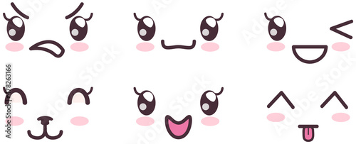 Kawaii cute faces on colorful backgrounds set. Manga style eyes and mouths. Funny cartoon japanese emotion in different face expressions. Anime characters and emotions. Eastern kawaii culture design