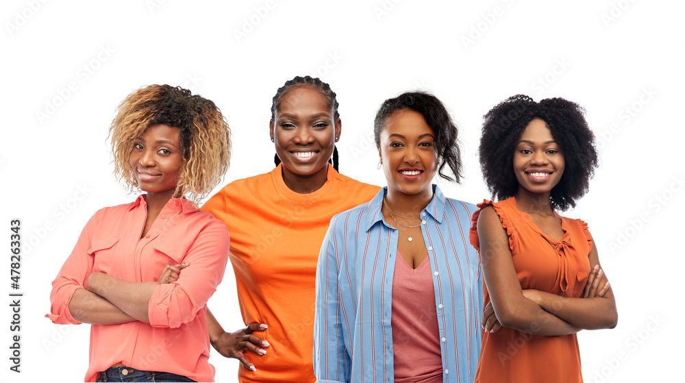 black lives matter, social and people concept - group of happy african american women over white background