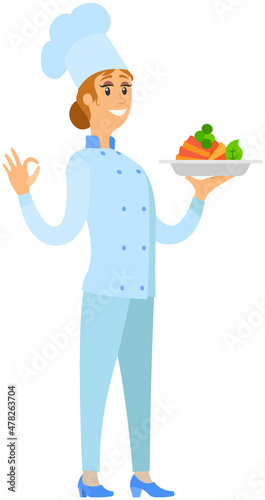 Woman holds plate with ready-made meal. Restaurant service, breakfast or dinner dish vector illustration. Design for restaurant menu. Female kitchener serves dish from chef, healthy food at cafe