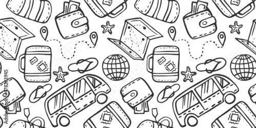 seamless pattern of illustration with doodles on theme of time for travel. Colorful background on the theme of adventure and travel, wandering