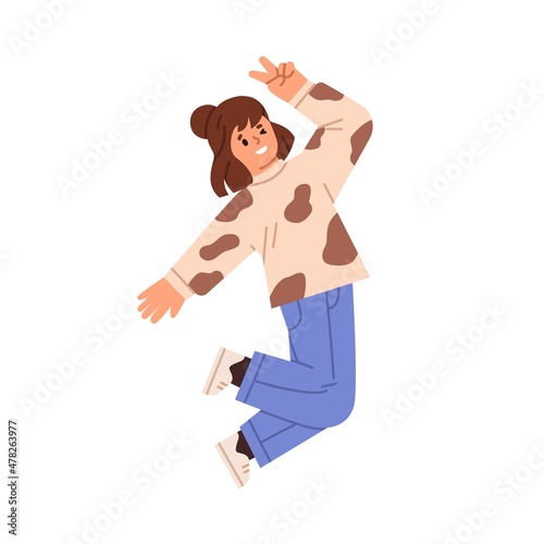 Happy girl jumping up, celebrate smth with joy and smile. Excited kid winking and gesturing with hand. Joyful little child with positive emotion. Flat vector illustration isolated on white background