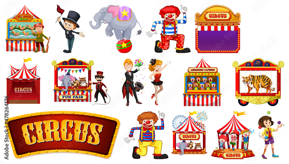 Set of circus characters and amusement park elements Set of circus characters and amusement park elements
