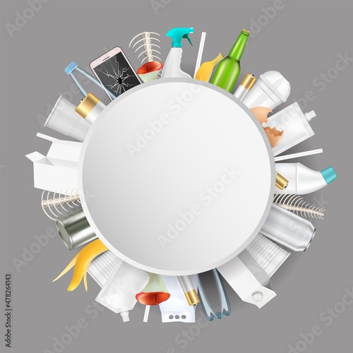 Waste pollution frame, vector illustration. Save environment, reduce household garbage, ecology.