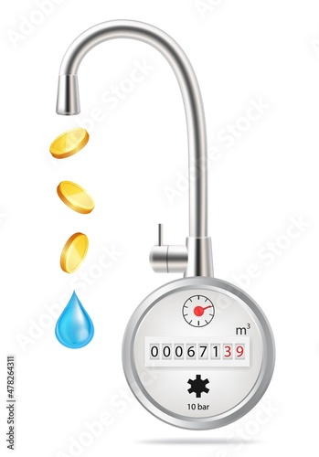 Gold coins, water flowing from kitchen faucet and meter, vector illustration. Economize water consumption, saving money.