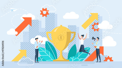 The concept of victory. Teamwork. Business success strategy. Gold cup trophy symbol icon in flat style, team support and work. First place among competitors. Happy people. Flat illustration.