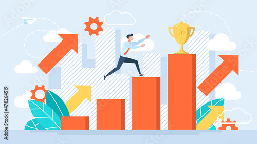 The concept of victory, competition. Business success strategy. The young man reaches the goal. Businessman benefits from business. Reward for work. Golden cup. First place. Flat illustration.