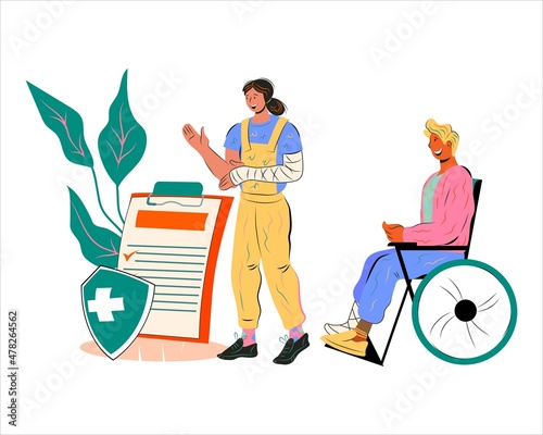 Health medical insurance and trauma treatment policy, medical expenses coverage. Accident health medical insurance policy concept, cartoon flat vector illustration isolated on white background.
