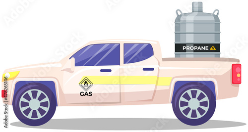 Transportation of gas cylinder, canister with fuel. Metal tank with liquefied compressed petroleum, propane. Pressurized gas cylinder inside car trunk. Flammable material delivery and logistics